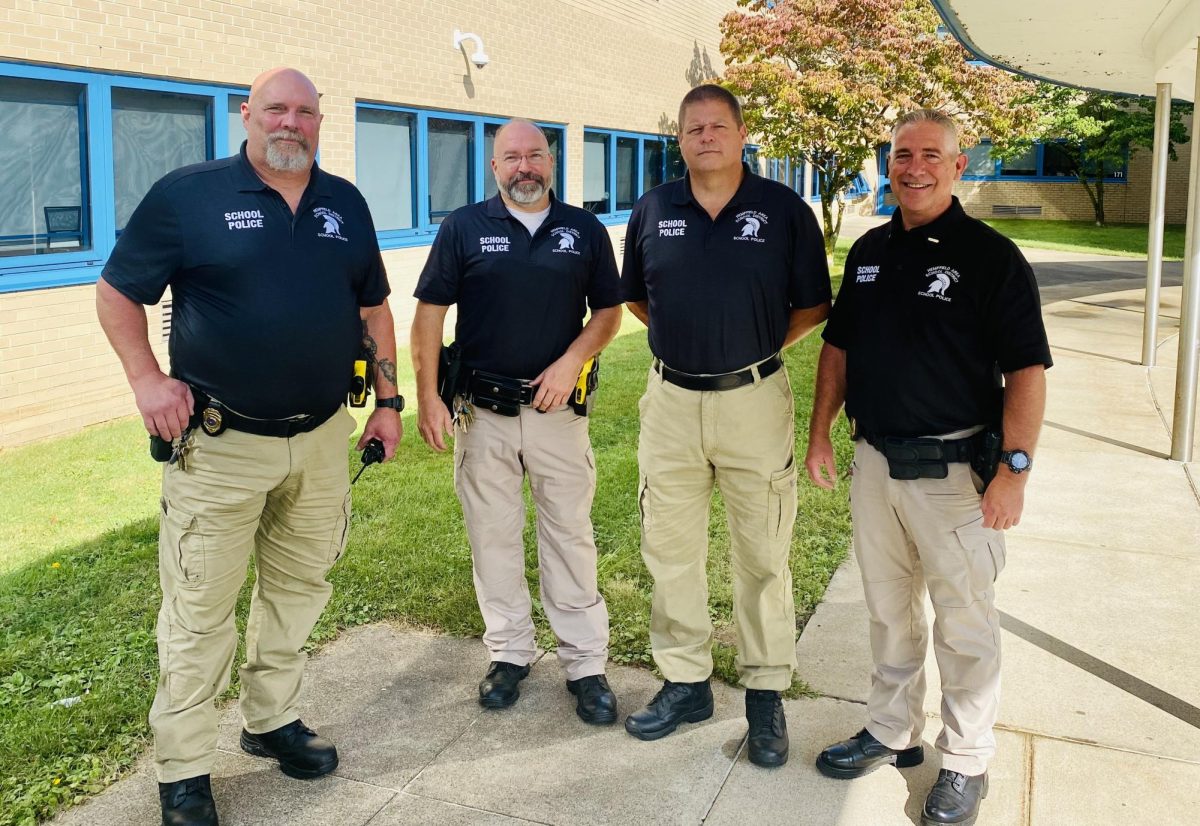 Pictured left to right, John Ryan, Harrold, Brian Kendgia who will be at the high school and roving different buildings, and Chris Karnes, joining our West Point Team with Chief Len Lander.